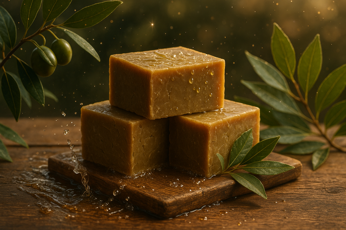 Drei naturreine Aleppo Seife Stücke aus Oliven- und Lorbeeröl mit sichtbaren Wassertropfen auf einem rustikalen Holzbrett, umgeben von frischen Oliven- und Lorbeerzweigen vor einem warmlichgoldenen Hintergrund.